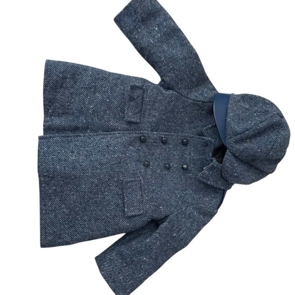 Vintage 1970s F.W. Fischer Blue Tweed Wool Coat‎ Matching Hat Set Union Made USA